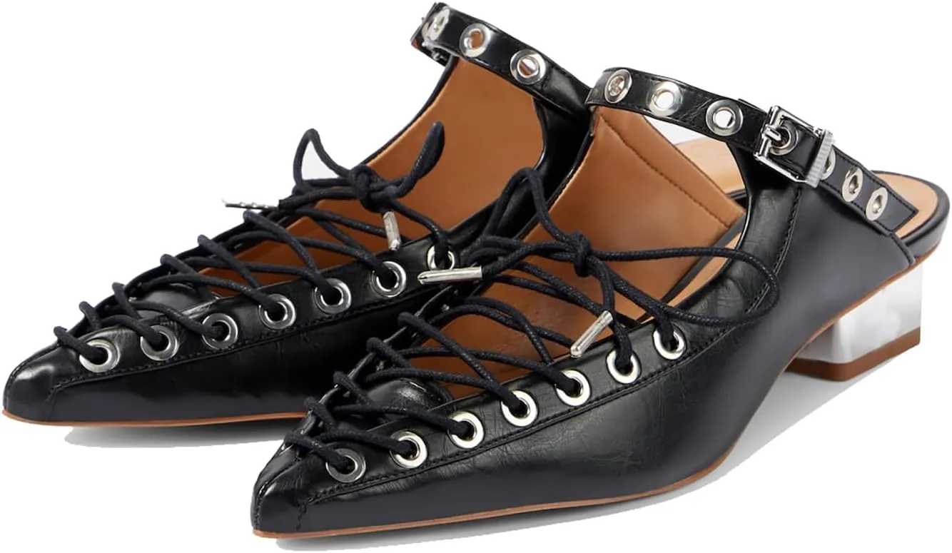 Women's Rhinestone Slingback Pumps - Embellished Lace-Up Pointed Toe Block Low Heel Mules with Strap Buckle, Dress Work Casual Punk Shoes
