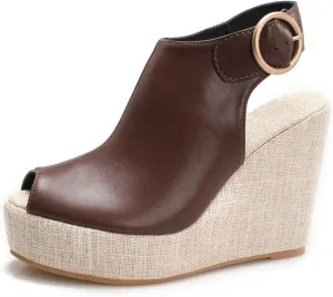 Women's Round Peep Toe Platform Wedge Sandals Espadrille 4.5 Inch High Heel Ankle Strap Slingback Wedges Shoes for Women Comfy Dress Summer Sandals Casual Beach
