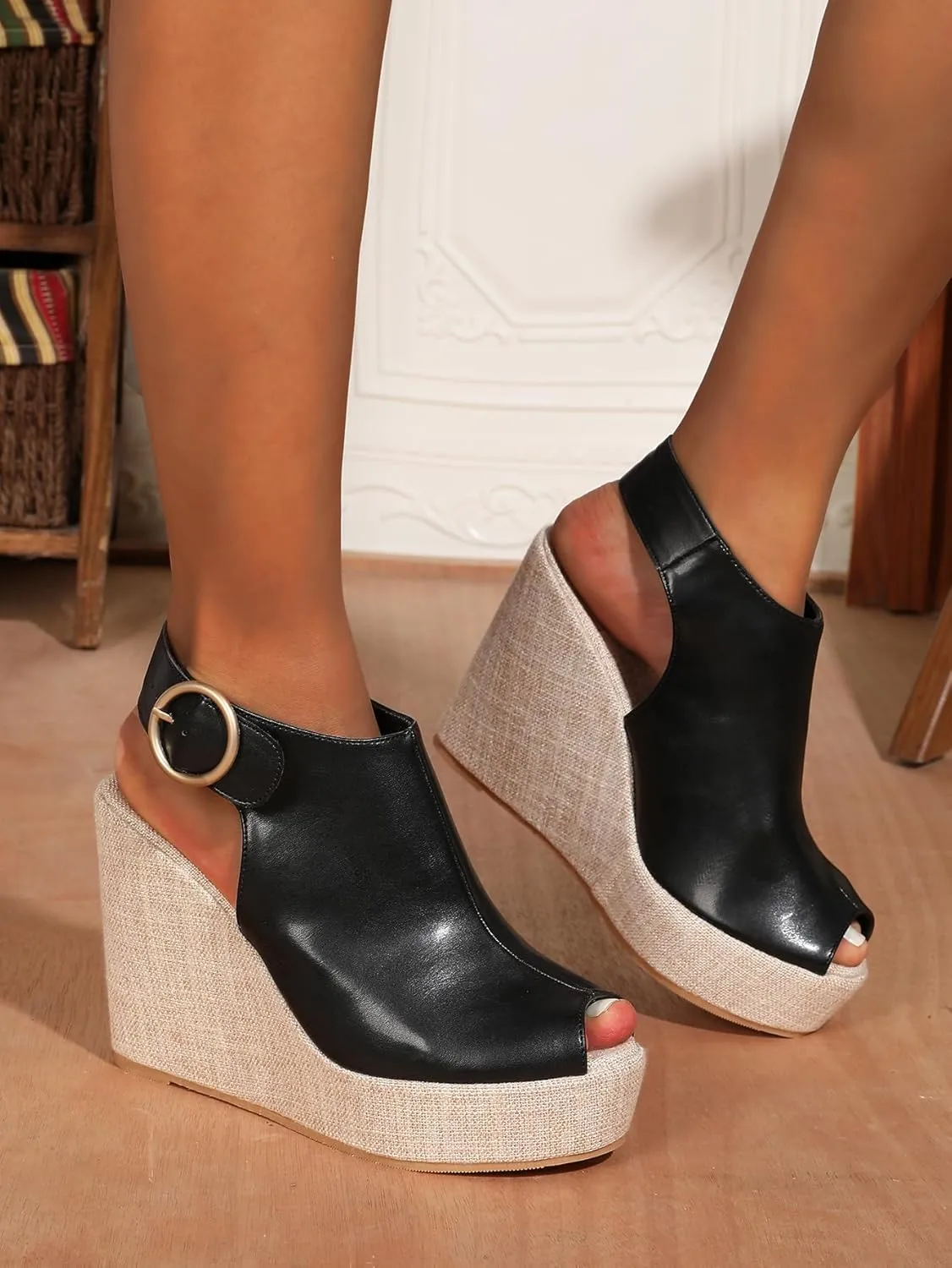 Women's Round Peep Toe Platform Wedge Sandals Espadrille 4.5 Inch High Heel Ankle Strap Slingback Wedges Shoes for Women Comfy Dress Summer Sandals Casual Beach