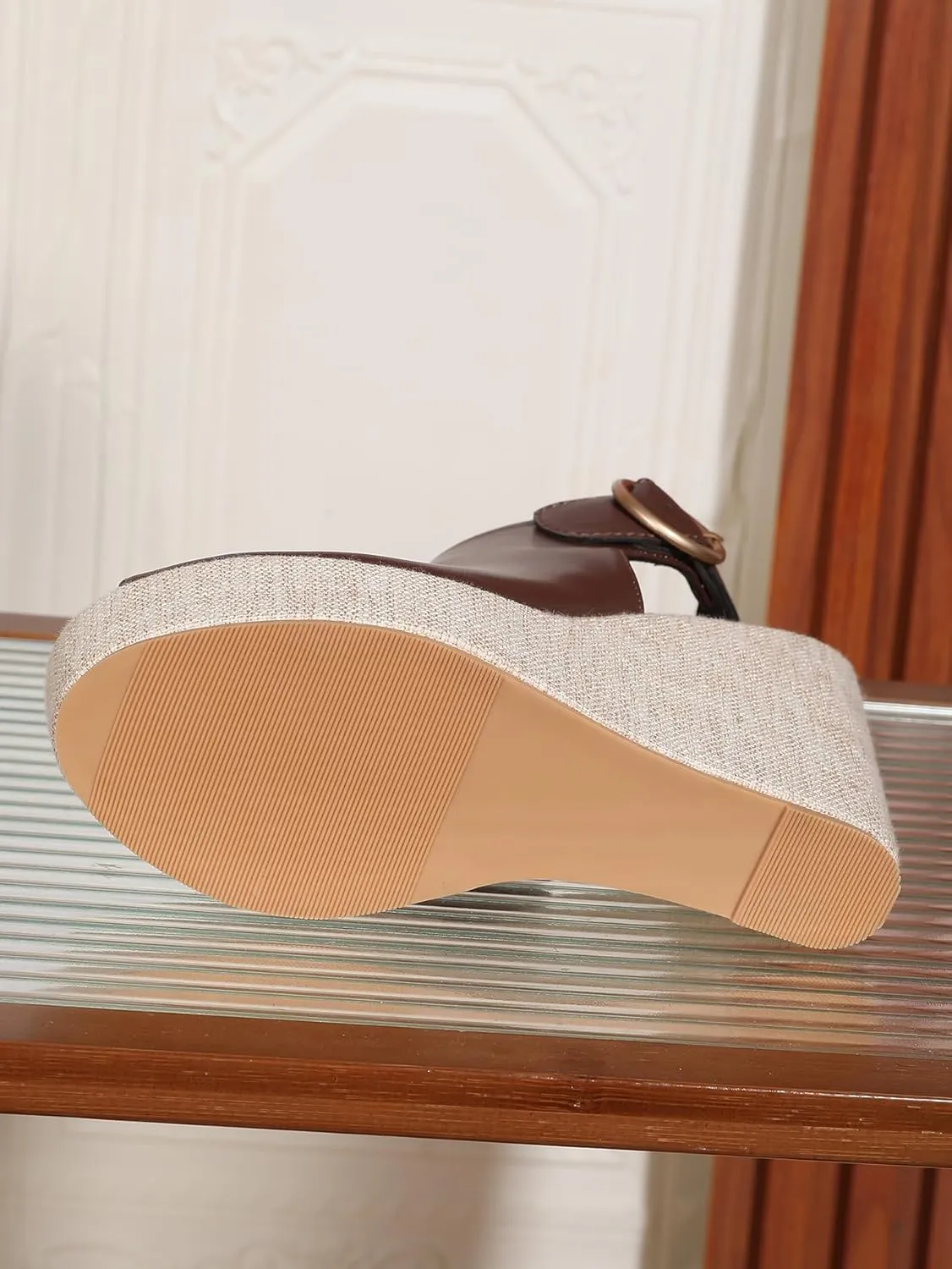 Women's Round Peep Toe Platform Wedge Sandals Espadrille 4.5 Inch High Heel Ankle Strap Slingback Wedges Shoes for Women Comfy Dress Summer Sandals Casual Beach