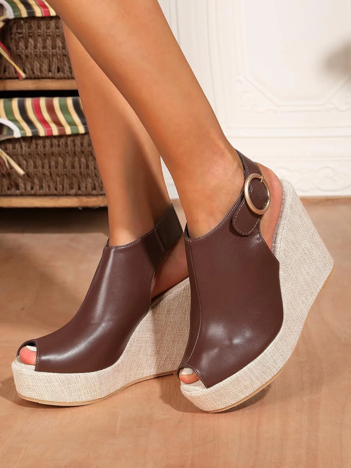 Women's Round Peep Toe Platform Wedge Sandals Espadrille 4.5 Inch High Heel Ankle Strap Slingback Wedges Shoes for Women Comfy Dress Summer Sandals Casual Beach