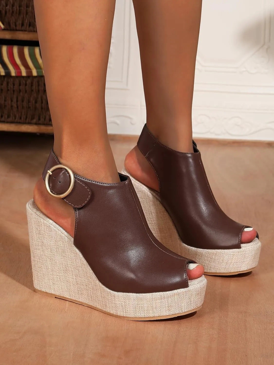Women's Round Peep Toe Platform Wedge Sandals Espadrille 4.5 Inch High Heel Ankle Strap Slingback Wedges Shoes for Women Comfy Dress Summer Sandals Casual Beach