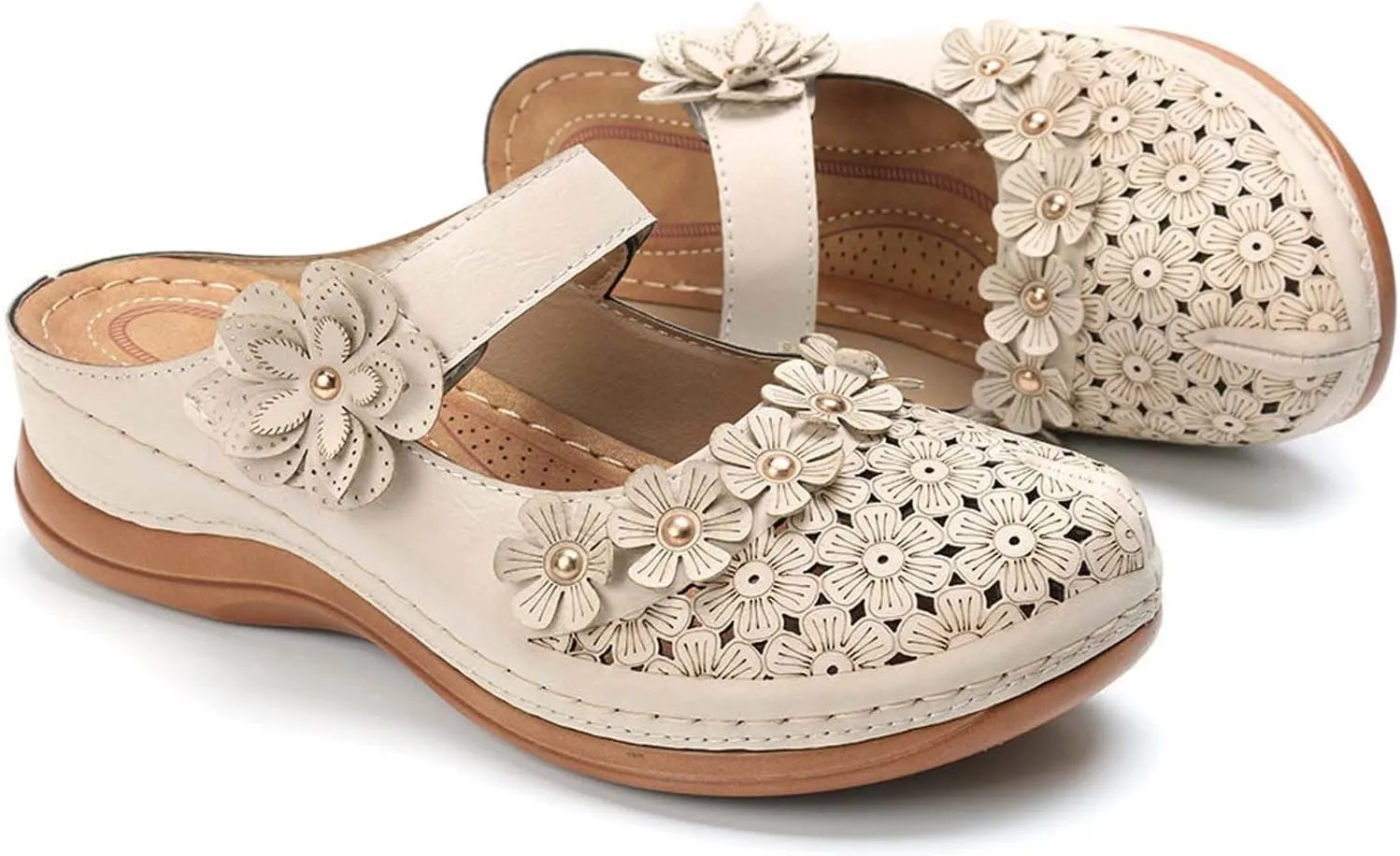 Womens Sandals 2023 Summer Fashion Hollow Flowers Rounde Toe Closed Toe Slipper Comfortable Wedge Sandals with Arch Support Ladies Vintage Shoes