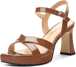 Women's Sandals Chunky High Heel - Adjustable Ankle Strap Open Toe Spool Heels Cross Toe Strap Prom Party Dress Pumps with Buckle