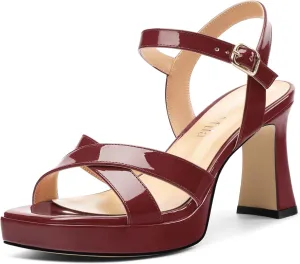 Women's Sandals Chunky High Heel - Adjustable Ankle Strap Open Toe Spool Heels Cross Toe Strap Prom Party Dress Pumps with Buckle