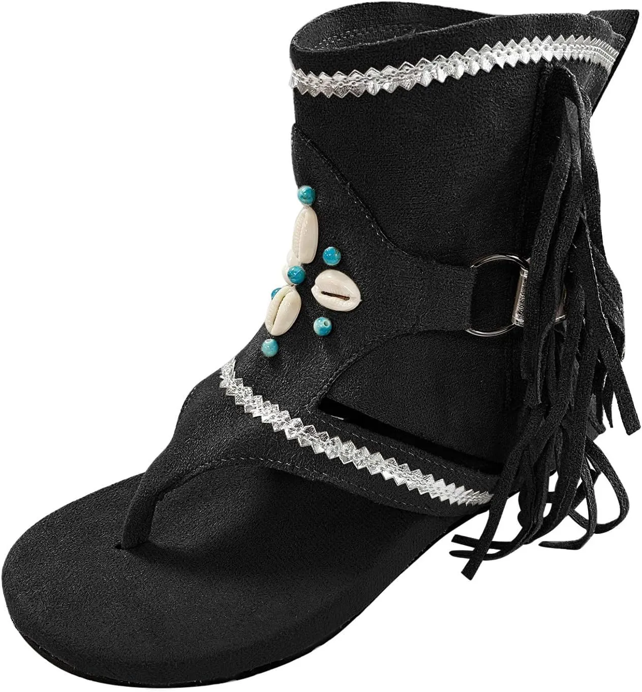 Women'S Sandals Tassel Ankle Boots, Retro Bohemian Sandals Beach Travel Shoes Clip Toe Flip Flops High Top Flat Casual Dressy Sandals