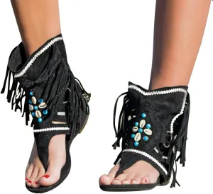 Women'S Sandals Tassel Ankle Boots, Retro Bohemian Sandals Beach Travel Shoes Clip Toe Flip Flops High Top Flat Casual Dressy Sandals