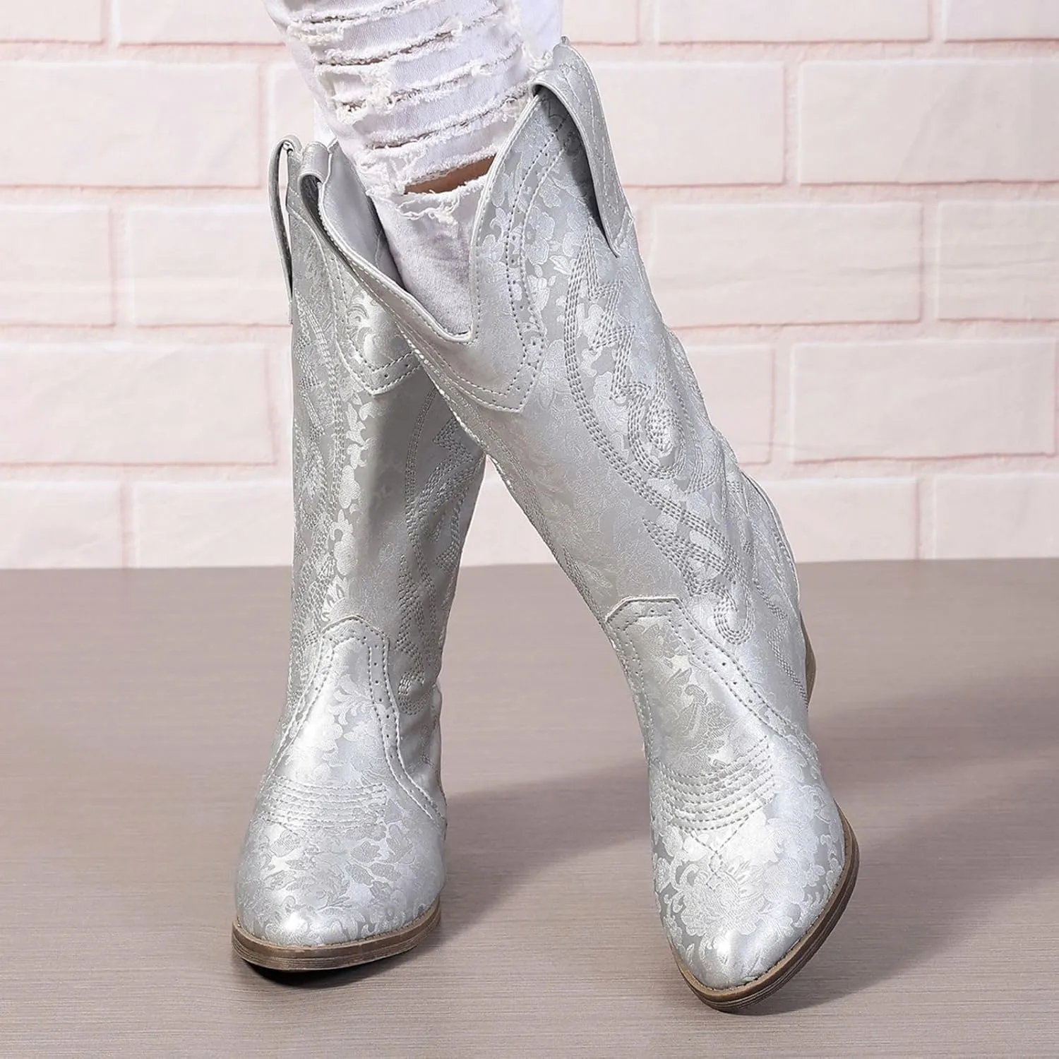 Women's Silver Cowboy Boots, Pointy Toe, Mid Calf, Chunky Heel, Wide Calf, Faux Suede, Pull-On, Suede Lining, Rubber Sole, Casual, Everyday Wear, Social Occasions