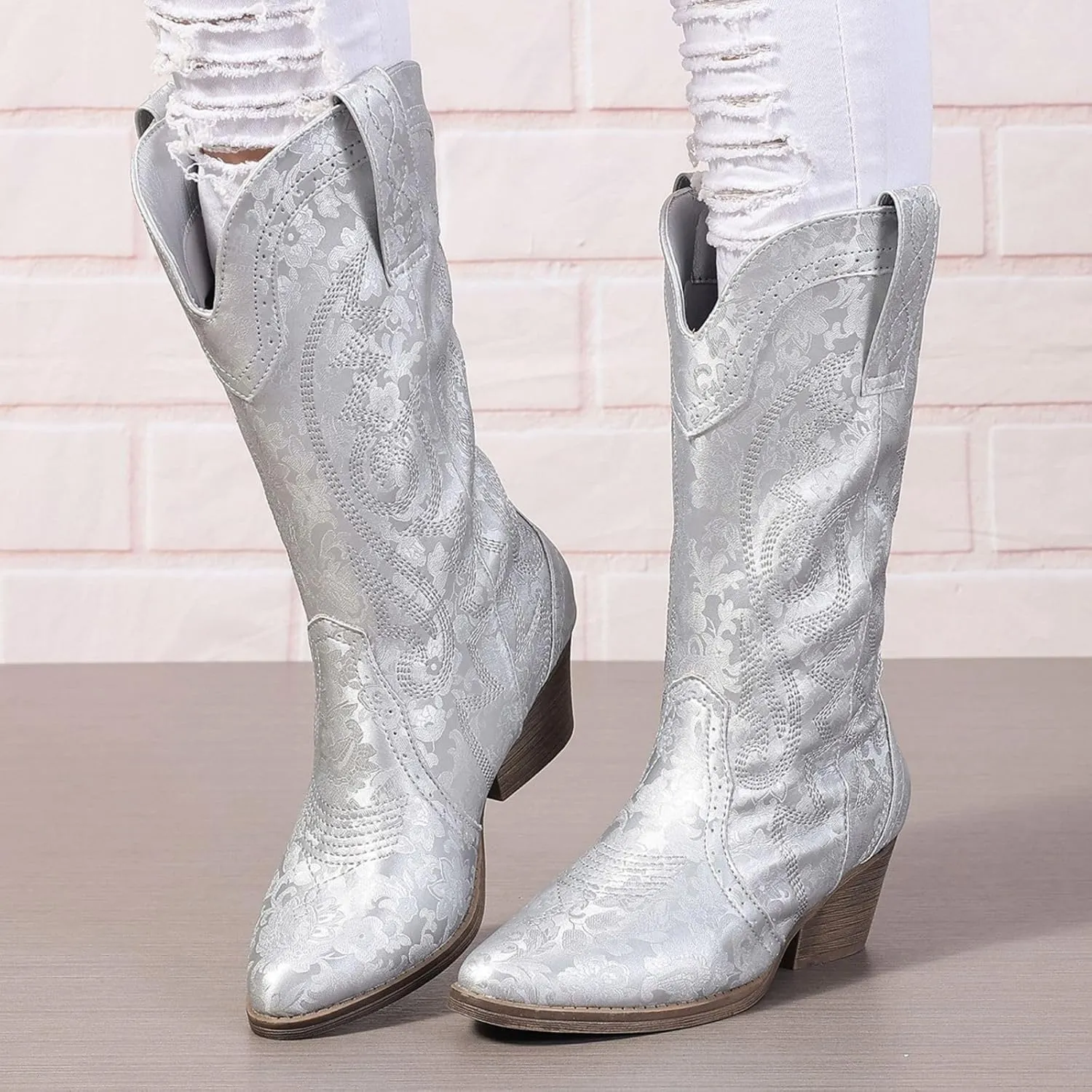 Women's Silver Cowboy Boots, Pointy Toe, Mid Calf, Chunky Heel, Wide Calf, Faux Suede, Pull-On, Suede Lining, Rubber Sole, Casual, Everyday Wear, Social Occasions