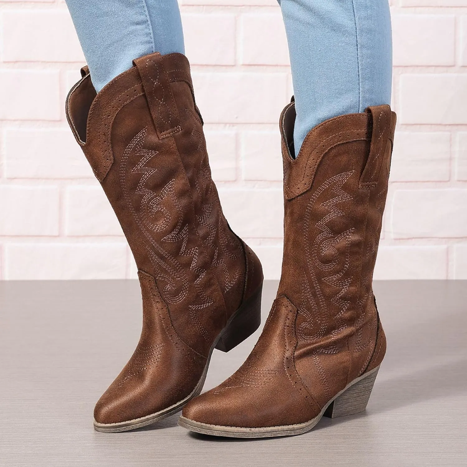 Women's Silver Cowboy Boots, Pointy Toe, Mid Calf, Chunky Heel, Wide Calf, Faux Suede, Pull-On, Suede Lining, Rubber Sole, Casual, Everyday Wear, Social Occasions