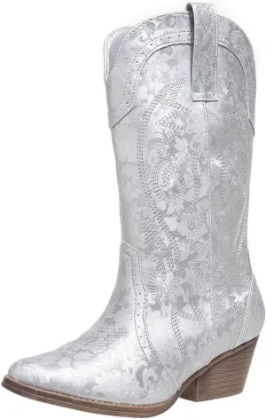 Women's Silver Cowboy Boots, Pointy Toe, Mid Calf, Chunky Heel, Wide Calf, Faux Suede, Pull-On, Suede Lining, Rubber Sole, Casual, Everyday Wear, Social Occasions