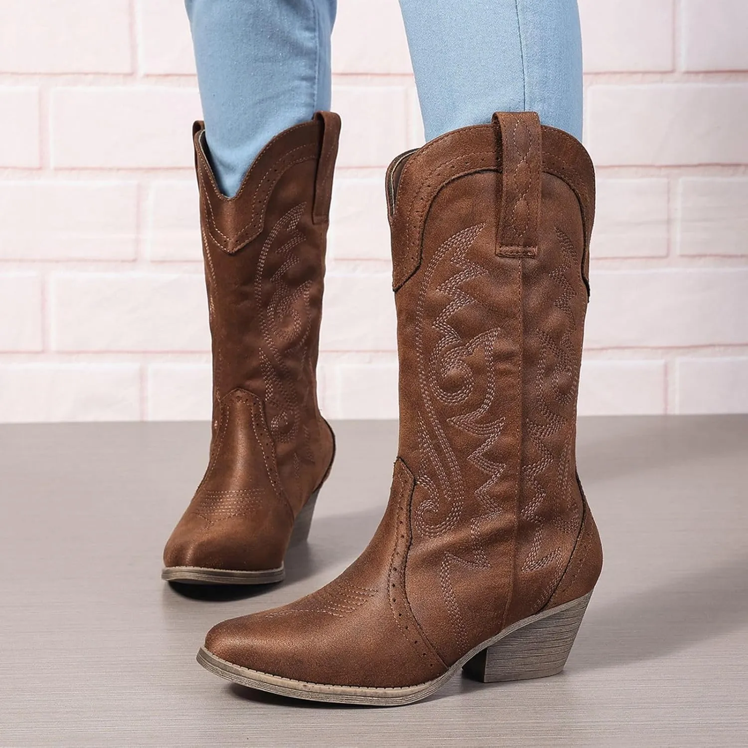 Women's Silver Cowboy Boots, Pointy Toe, Mid Calf, Chunky Heel, Wide Calf, Faux Suede, Pull-On, Suede Lining, Rubber Sole, Casual, Everyday Wear, Social Occasions