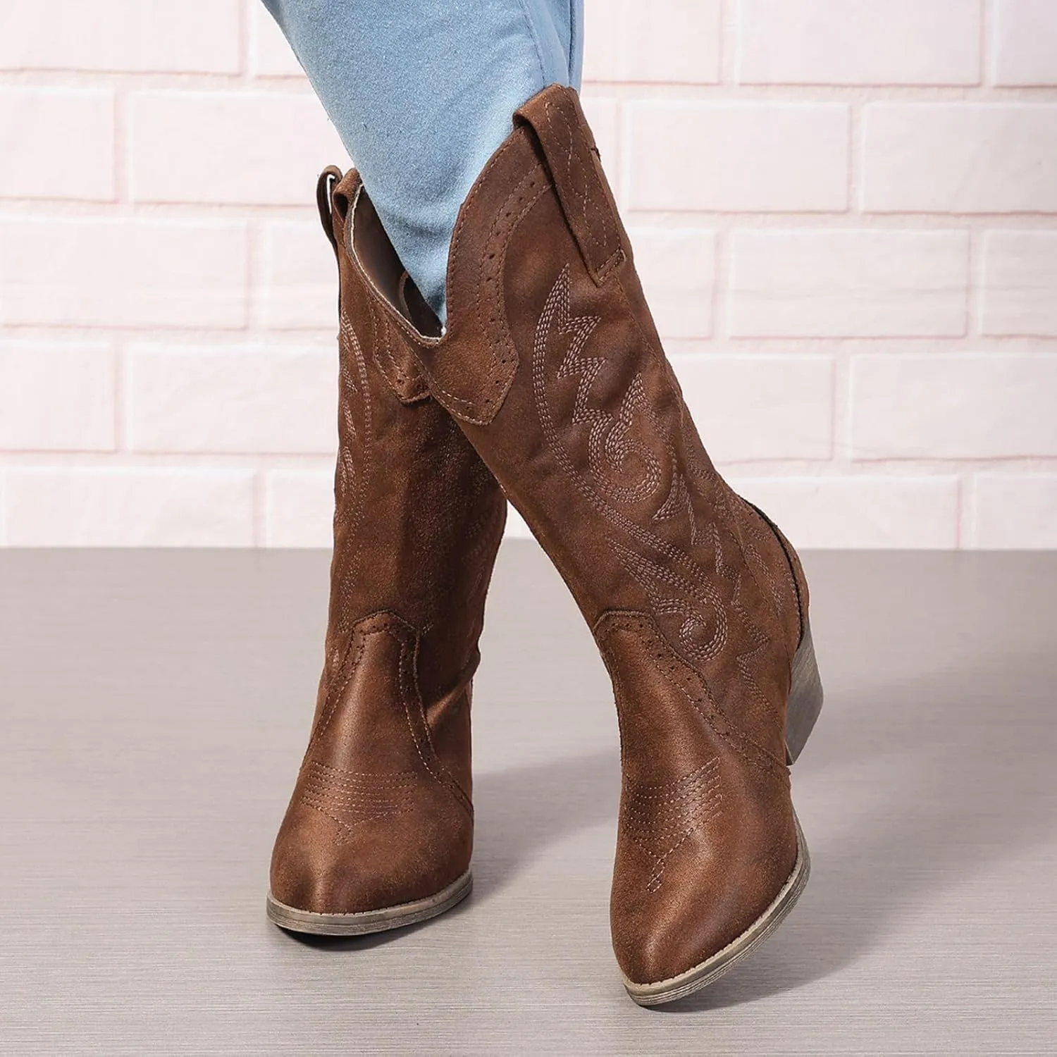 Women's Silver Cowboy Boots, Pointy Toe, Mid Calf, Chunky Heel, Wide Calf, Faux Suede, Pull-On, Suede Lining, Rubber Sole, Casual, Everyday Wear, Social Occasions