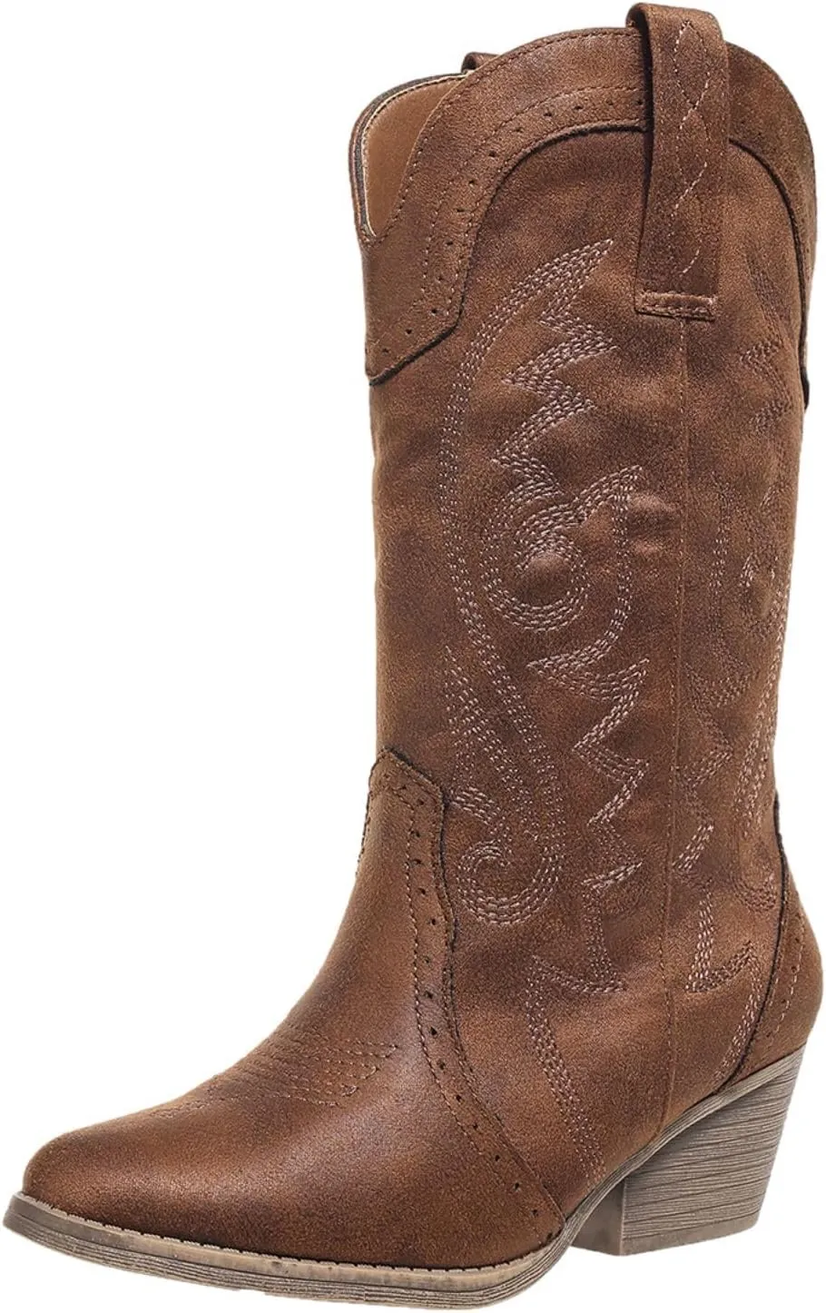 Women's Silver Cowboy Boots, Pointy Toe, Mid Calf, Chunky Heel, Wide Calf, Faux Suede, Pull-On, Suede Lining, Rubber Sole, Casual, Everyday Wear, Social Occasions