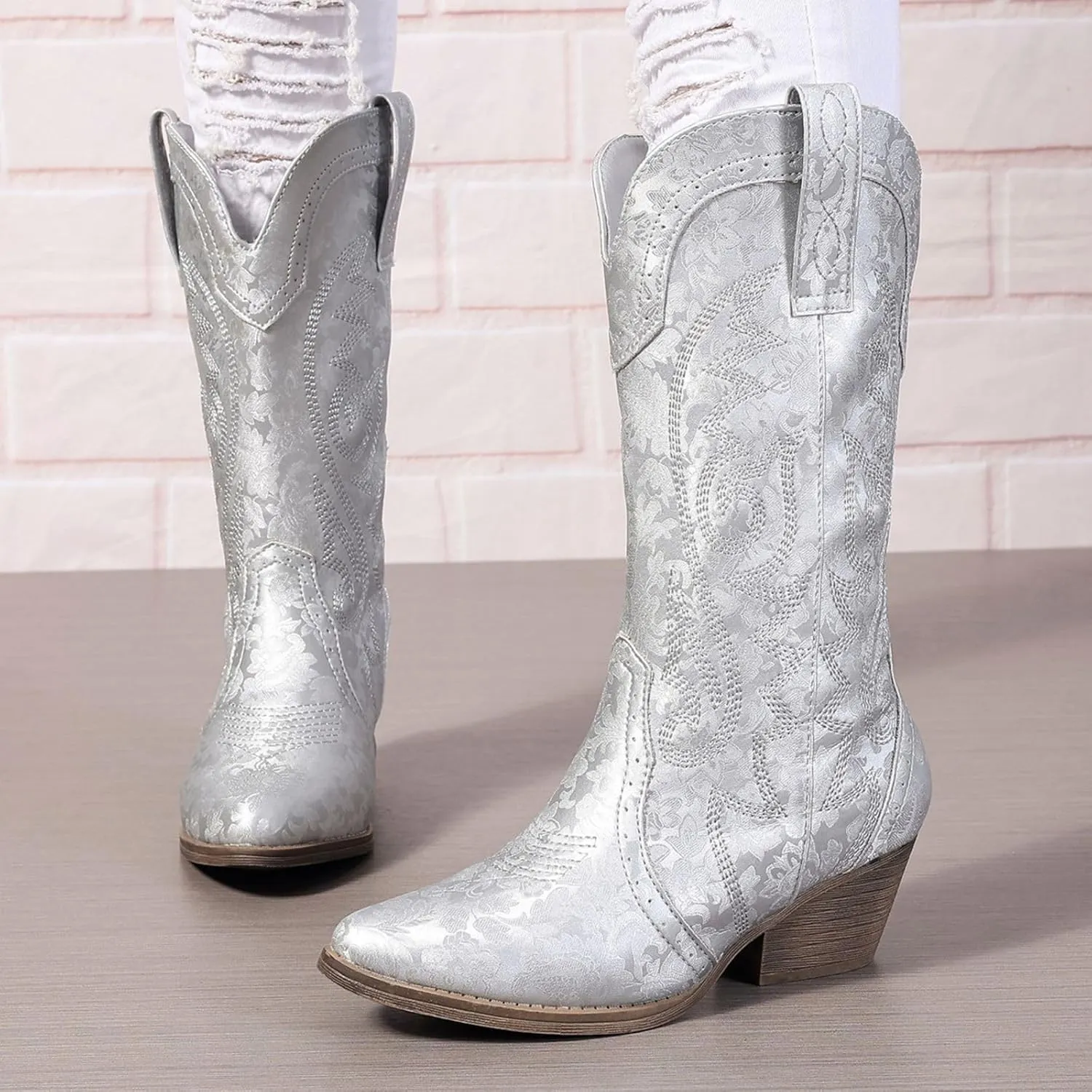 Women's Silver Cowboy Boots, Pointy Toe, Mid Calf, Chunky Heel, Wide Calf, Faux Suede, Pull-On, Suede Lining, Rubber Sole, Casual, Everyday Wear, Social Occasions