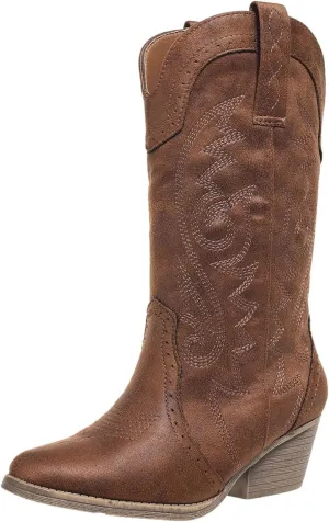 Women's Silver Cowboy Boots, Pointy Toe, Mid Calf, Chunky Heel, Wide Calf, Faux Suede, Pull-On, Suede Lining, Rubber Sole, Casual, Everyday Wear, Social Occasions