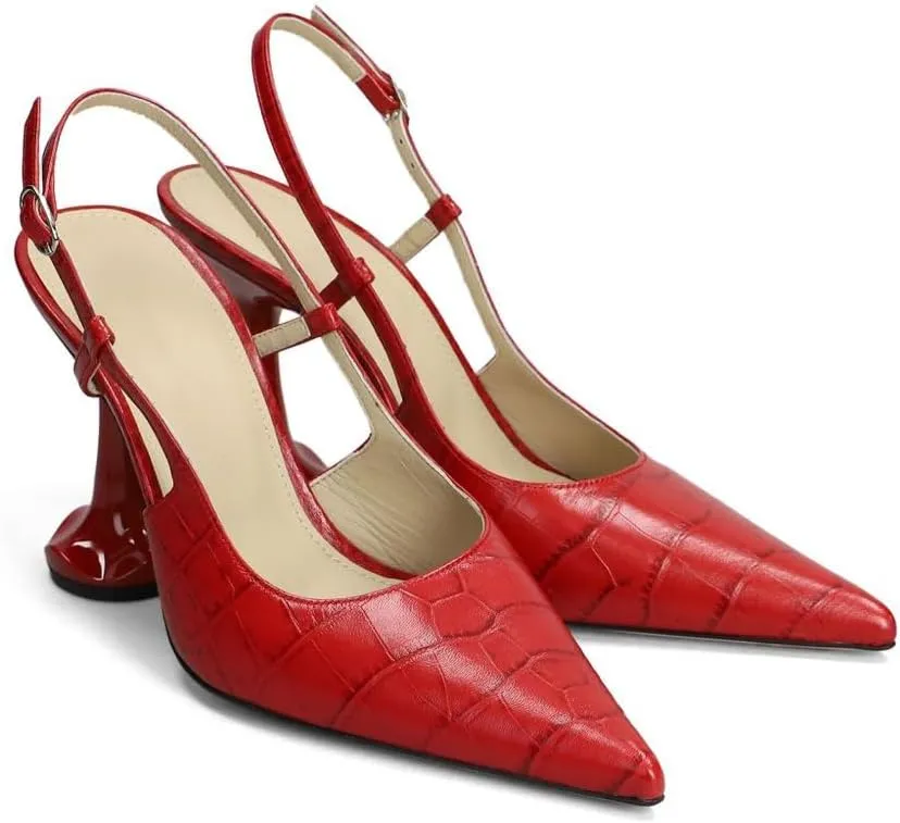 Women's Slingback Kitten Heel Pumps Pointed Toe Crocodile-Effect Sandals Sexy Strappy High Heels Red Buckle Dress Shoes