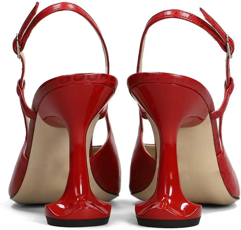 Women's Slingback Kitten Heel Pumps Pointed Toe Crocodile-Effect Sandals Sexy Strappy High Heels Red Buckle Dress Shoes