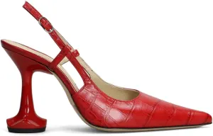 Women's Slingback Kitten Heel Pumps Pointed Toe Crocodile-Effect Sandals Sexy Strappy High Heels Red Buckle Dress Shoes