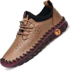Women's Slip-On Leather Soft Sole Flats, Lace-Up Decorative Arch Support Anti-Slip Round Toe Mom Loafers Handmade Tendon Shoes