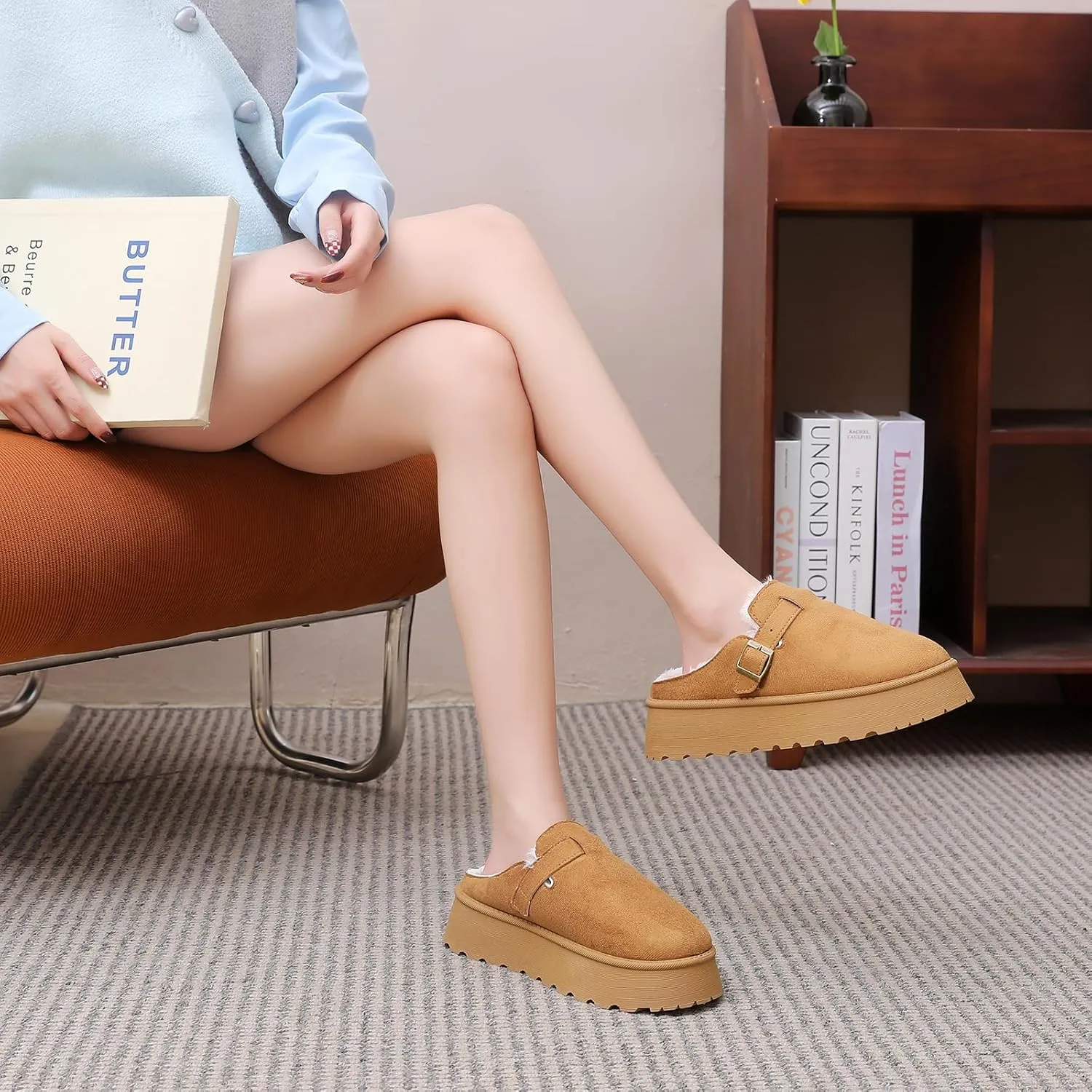 Women's Slippers Platform Boots, Fur Fleece Lined Short Ankle Boots Comfy House Slippers Slip on Winter Mini Boots, Warm Snow Boots for Indoor Outdoor Fall Slippers