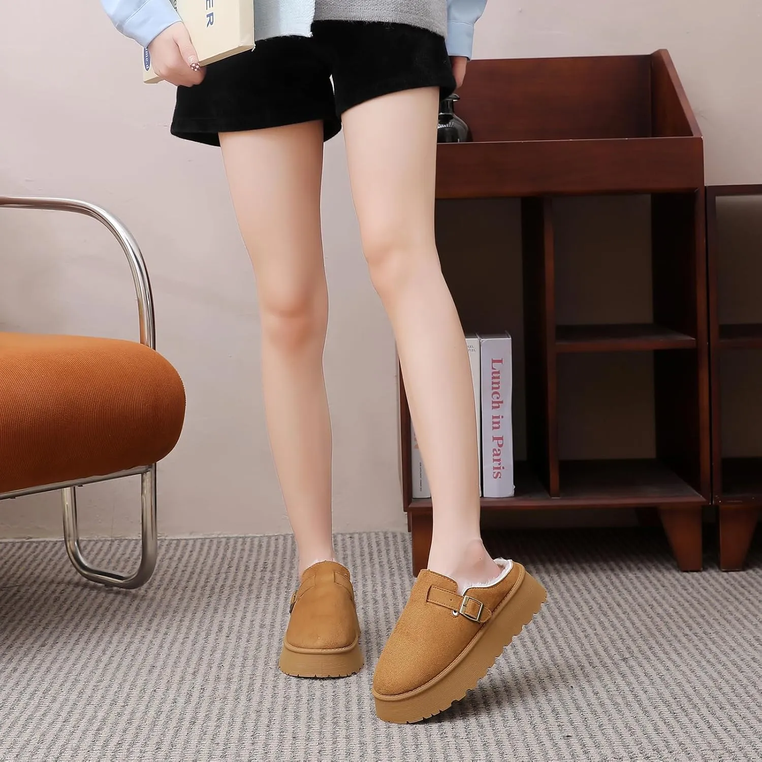Women's Slippers Platform Boots, Fur Fleece Lined Short Ankle Boots Comfy House Slippers Slip on Winter Mini Boots, Warm Snow Boots for Indoor Outdoor Fall Slippers