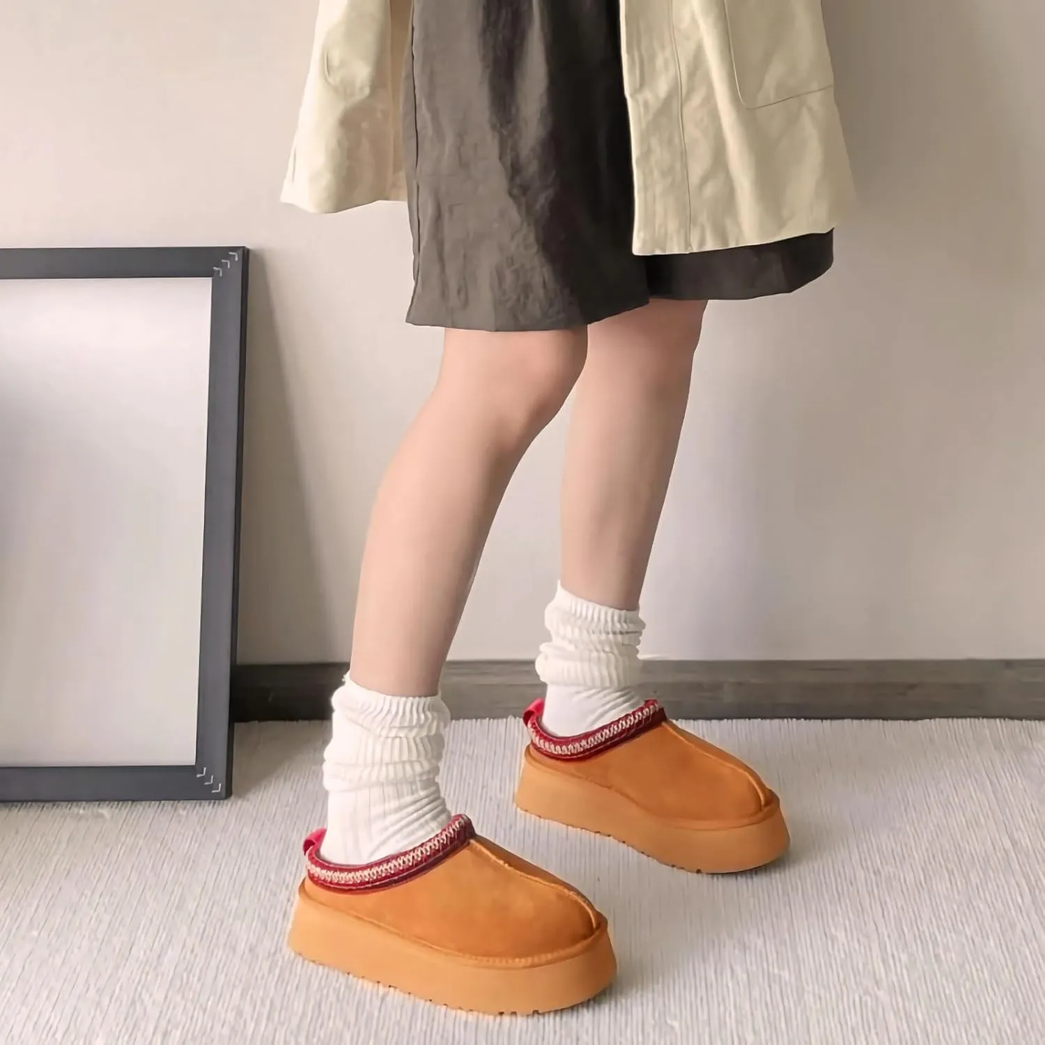 Women's Slippers Platform Mini Boots,Snow Winter Short Ankle Boot,Fluffy Warm Comfy Furry House Slippers Anti-Slip Boot for Indoor and Outdoor