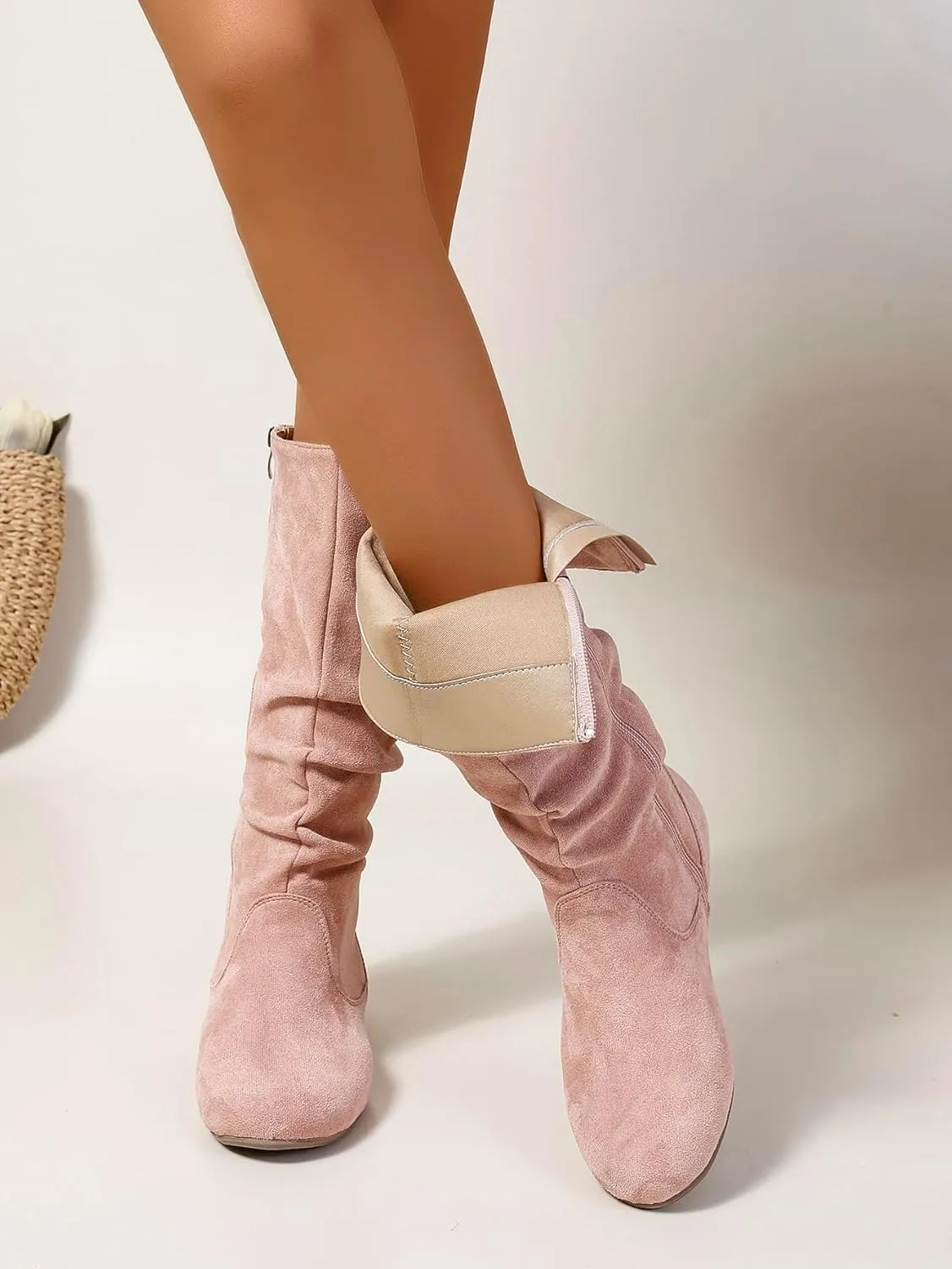 Women's Soft Suede Low Heel Mid Calf Boots | Comfortable Fall Outdoor Footwear with Side Zipper & Non-Slip Sole - Flat Boots,slouch boots for women