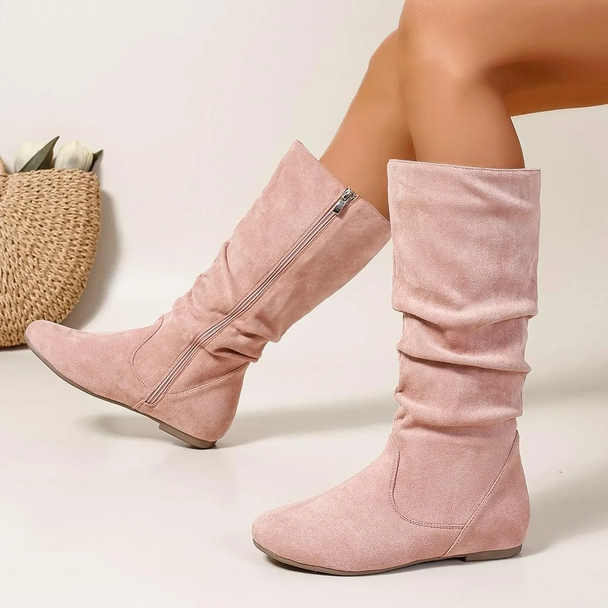Women's Soft Suede Low Heel Mid Calf Boots | Comfortable Fall Outdoor Footwear with Side Zipper & Non-Slip Sole - Flat Boots,slouch boots for women