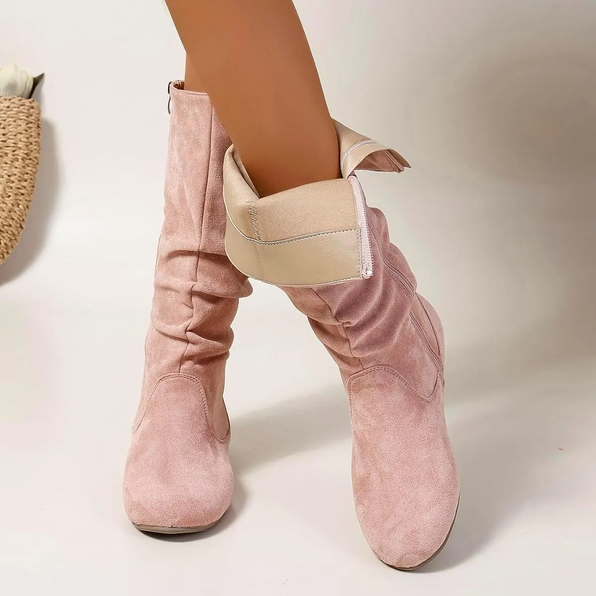 Women's Soft Suede Low Heel Mid Calf Boots | Comfortable Fall Outdoor Footwear with Side Zipper & Non-Slip Sole - Flat Boots,slouch boots for women