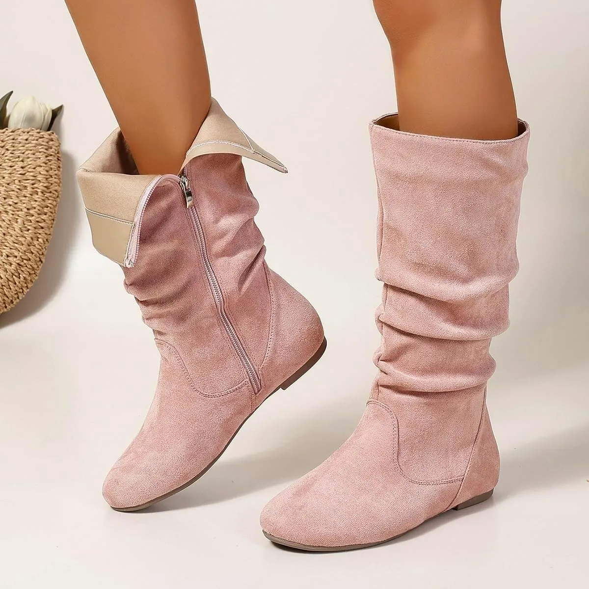 Women's Soft Suede Low Heel Mid Calf Boots | Comfortable Fall Outdoor Footwear with Side Zipper & Non-Slip Sole - Flat Boots,slouch boots for women