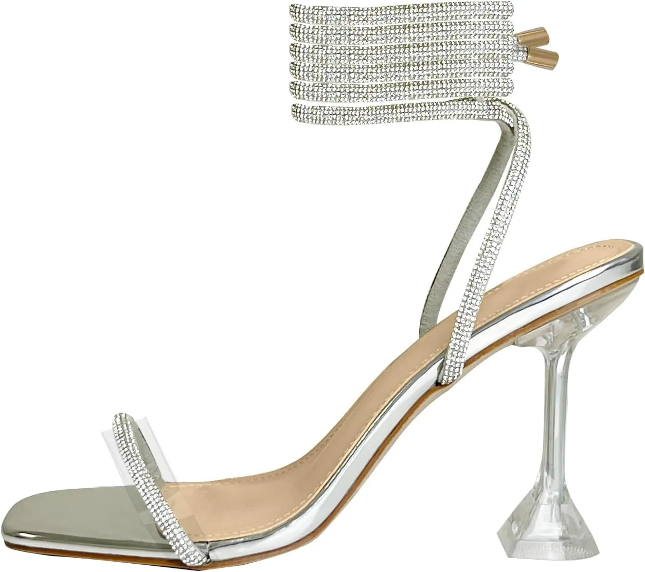 Women's Sparkly Glitter Shine Clear Heels Rhinestones Ankle Strappy Up Heels for Women Sandals
