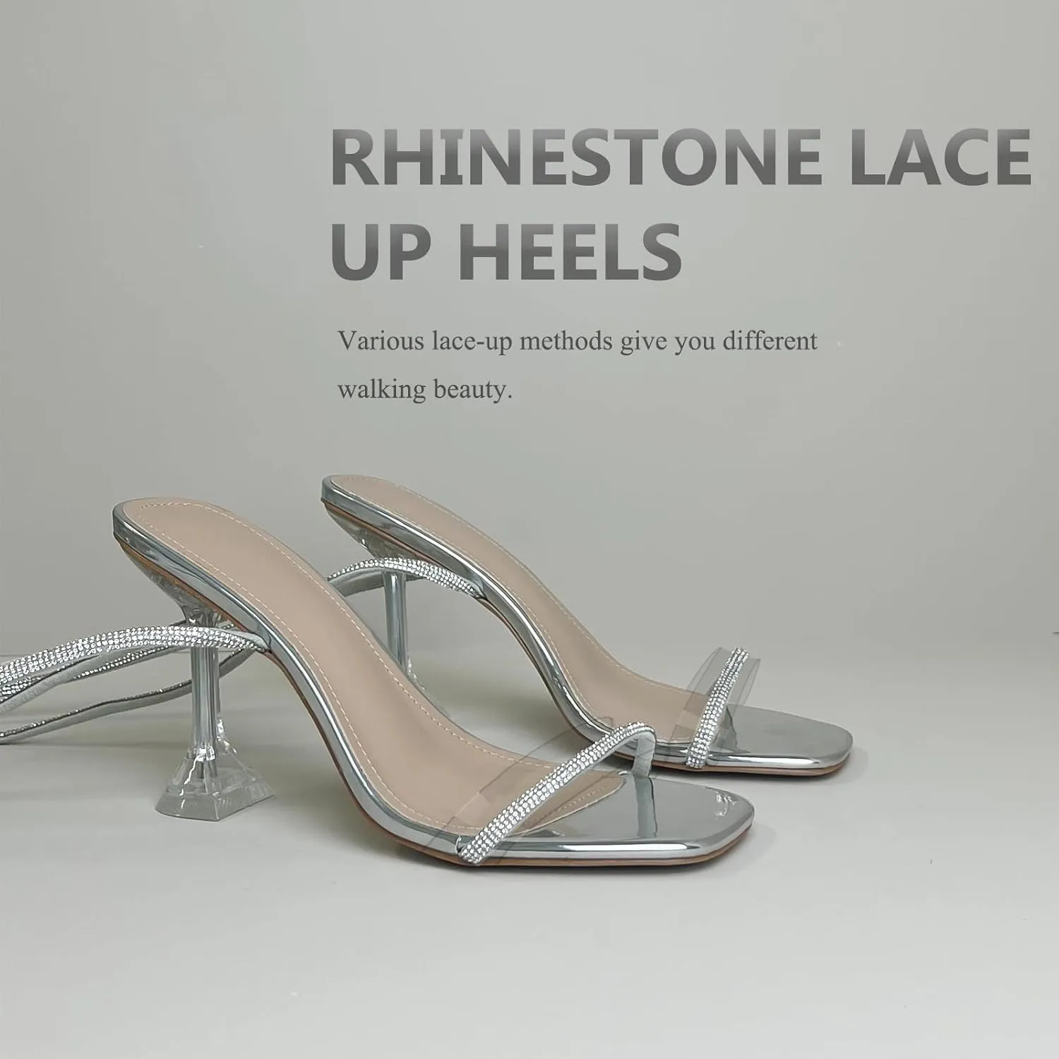 Women's Sparkly Glitter Shine Clear Heels Rhinestones Ankle Strappy Up Heels for Women Sandals