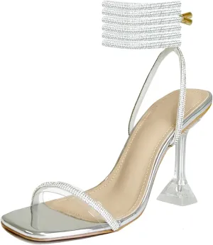 Women's Sparkly Glitter Shine Clear Heels Rhinestones Ankle Strappy Up Heels for Women Sandals