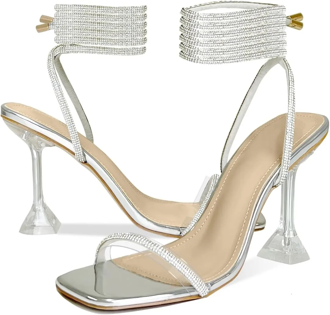 Women's Sparkly Glitter Shine Clear Heels Rhinestones Ankle Strappy Up Heels for Women Sandals