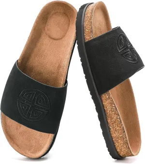 Women's Suede Slide Sandals with Arch Support,Cork Comfortable Summer Flat Sandals for Women 2025 Beach Vacation Shoes,Cute Dressy Sandals Outdoor Slippers