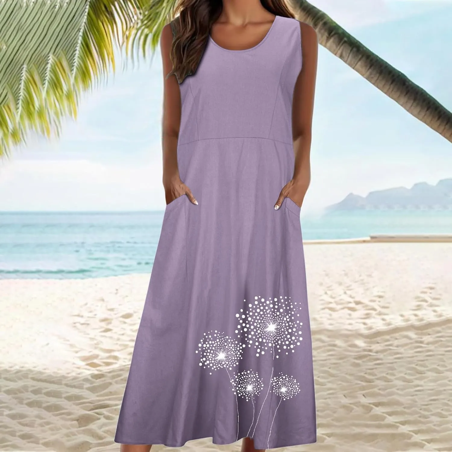 Womens Summer Linen Dresses Casual Floral Dresses Loose Fit Maxi Dresses Trendy Summer Beach Clothes with Pocket