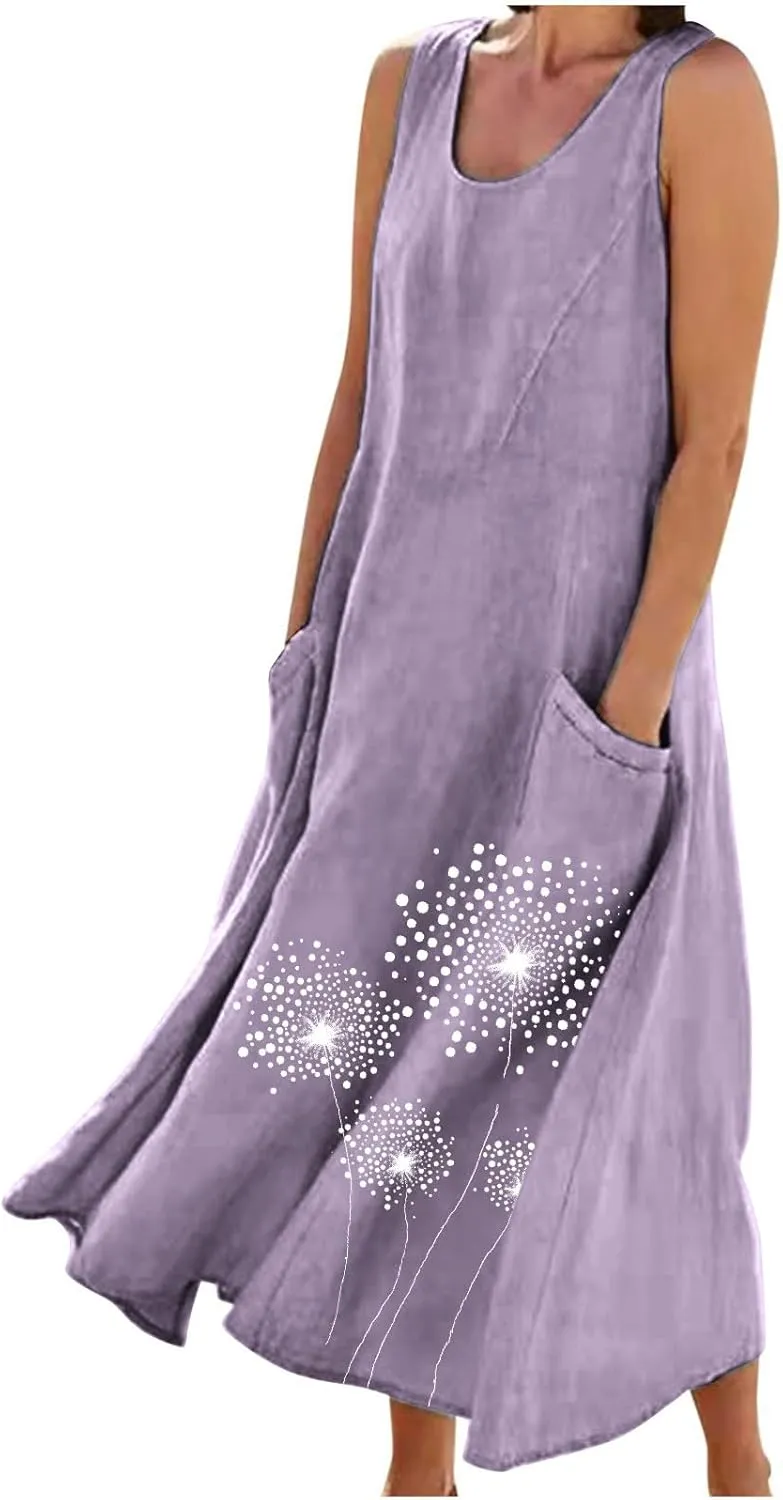 Womens Summer Linen Dresses Casual Floral Dresses Loose Fit Maxi Dresses Trendy Summer Beach Clothes with Pocket