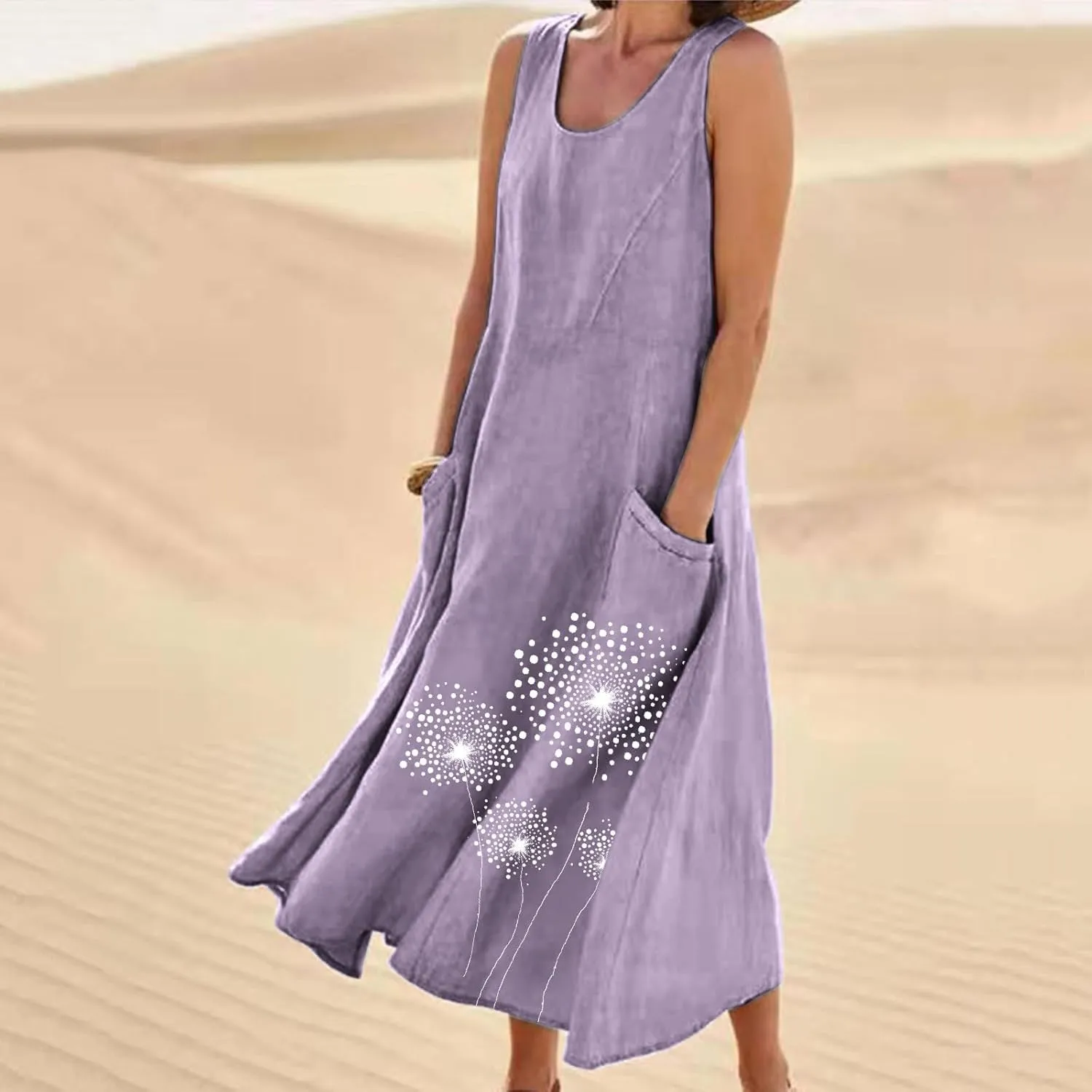Womens Summer Linen Dresses Casual Floral Dresses Loose Fit Maxi Dresses Trendy Summer Beach Clothes with Pocket