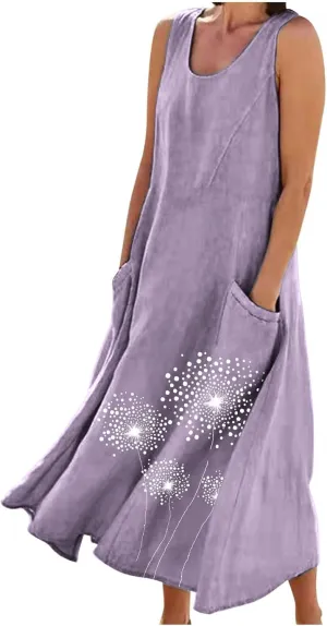Womens Summer Linen Dresses Casual Floral Dresses Loose Fit Maxi Dresses Trendy Summer Beach Clothes with Pocket
