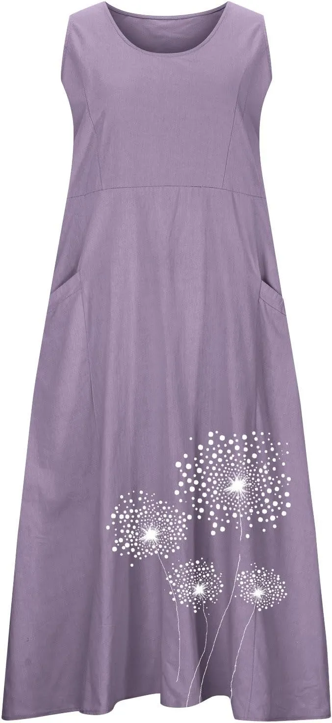 Womens Summer Linen Dresses Casual Floral Dresses Loose Fit Maxi Dresses Trendy Summer Beach Clothes with Pocket