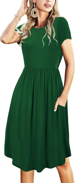 Womens Summer Pocket Knee Length Teacher Casual Dress Spring Modest Knit Fit Flare Short Sleeve Midi Work Travel Outfits