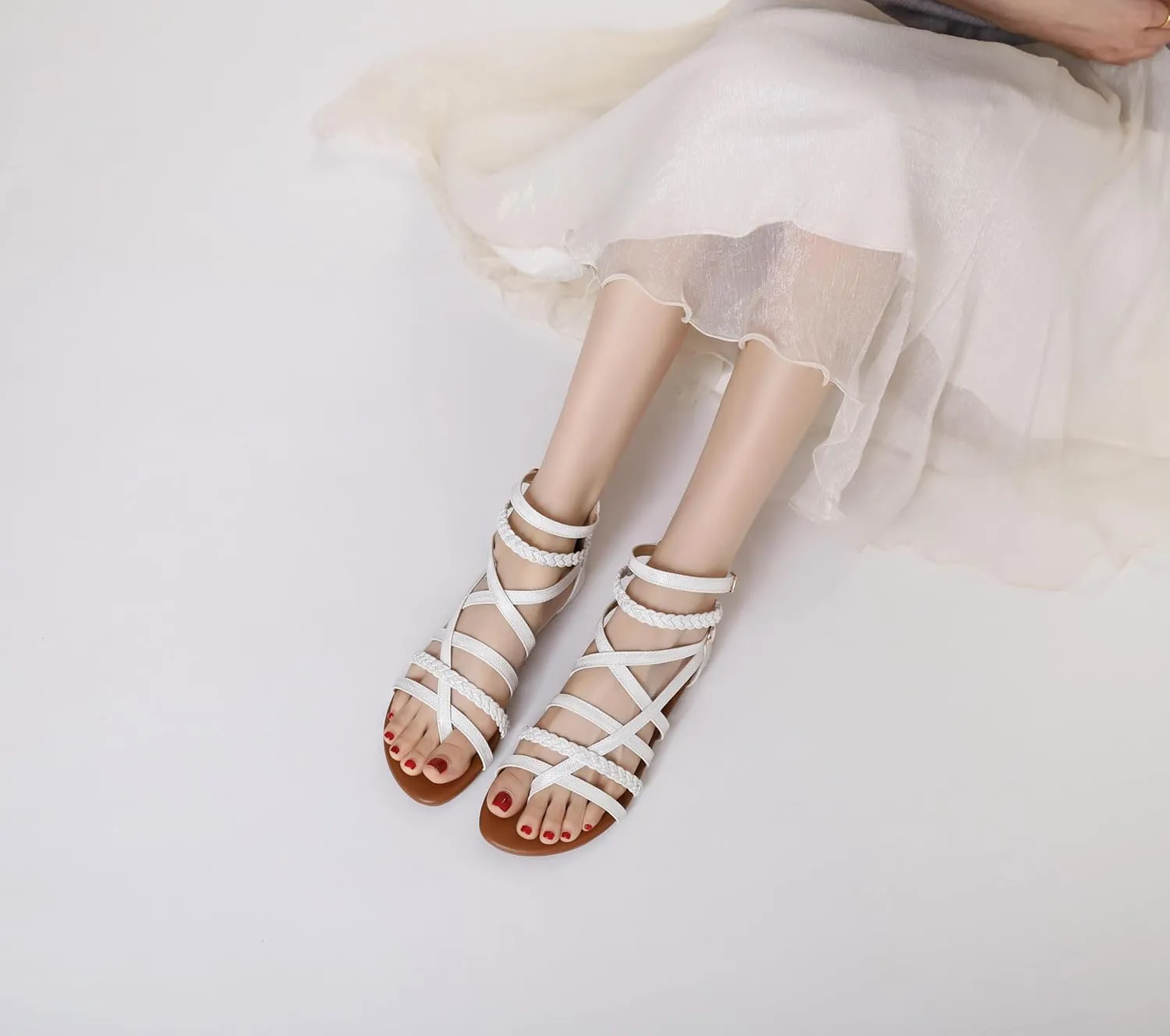 Women's Summer Strappy Flat Sandals Ankle Strap Gladiator Shoes Open Toe Sparkly Straps Dressy Fisherman Thong Sandals for Walking Beach Vacation