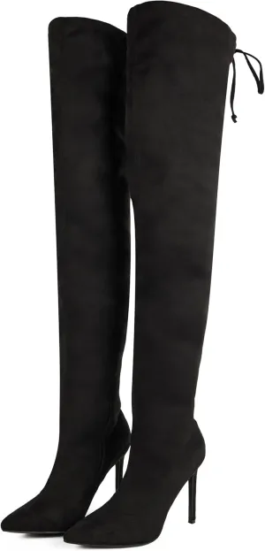 Women's Thigh High Block Stiletto Heel Over The Knee Boots, Faux Suede Elasticity, Long Black Boots, Round Toe&Pointed Toe, Side Zip Sexy Boots for Winter Fall