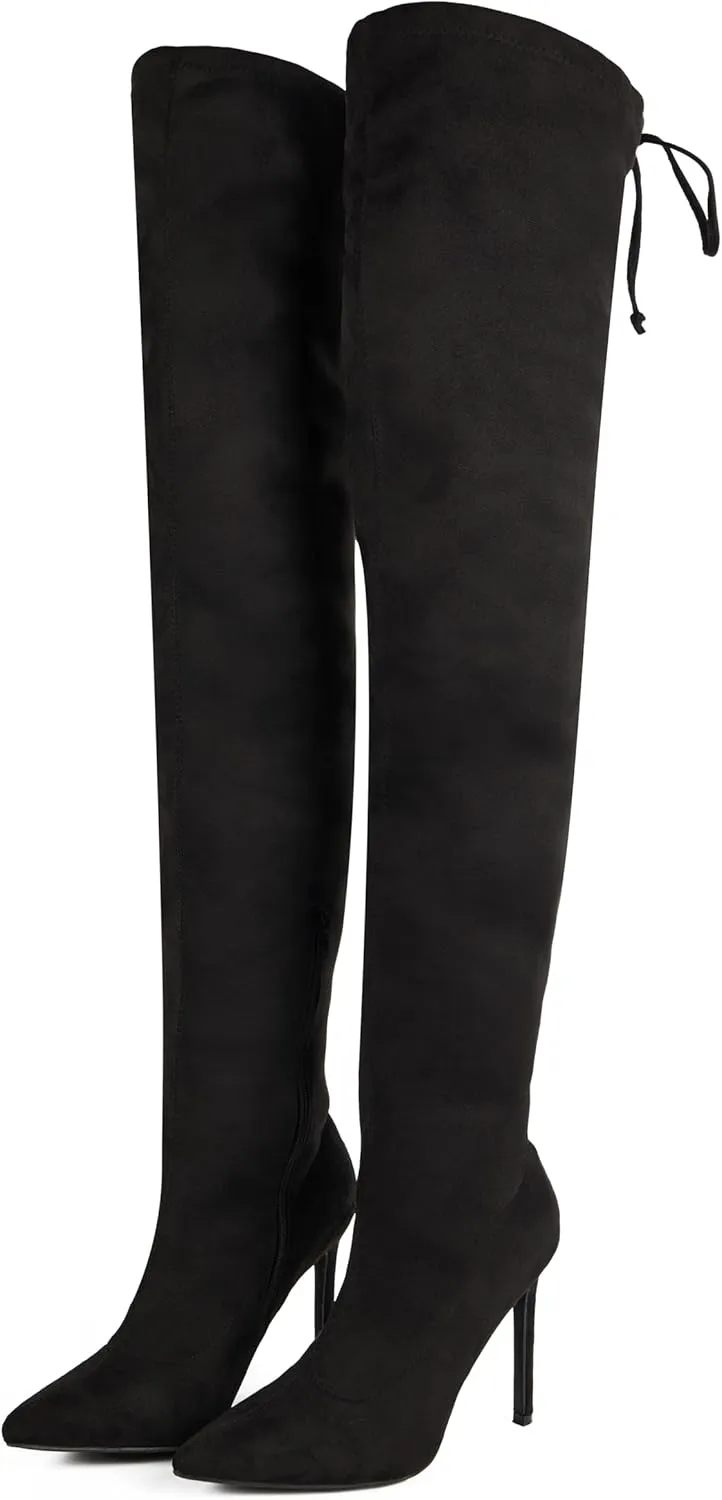 Women's Thigh High Block Stiletto Heel Over The Knee Boots, Faux Suede Elasticity, Long Black Boots, Round Toe&Pointed Toe, Side Zip Sexy Boots for Winter Fall