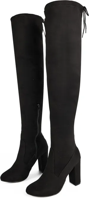 Women's Thigh High Block Stiletto Heel Over The Knee Boots, Faux Suede Elasticity, Long Black Boots, Round Toe&Pointed Toe, Side Zip Sexy Boots for Winter Fall