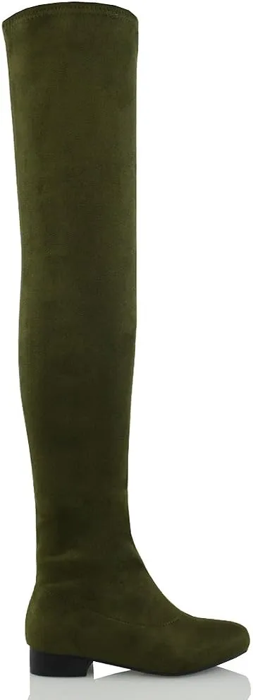 Womens Thigh High Stretch Calf Leg Faux Suede Flat Heel Over The Knee Boots