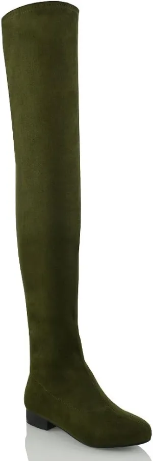 Womens Thigh High Stretch Calf Leg Faux Suede Flat Heel Over The Knee Boots