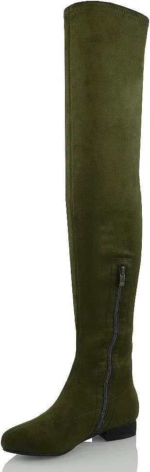 Womens Thigh High Stretch Calf Leg Faux Suede Flat Heel Over The Knee Boots