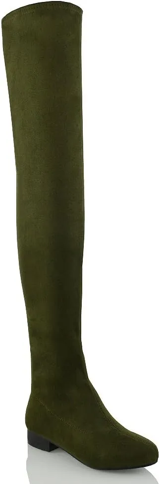 Womens Thigh High Stretch Calf Leg Faux Suede Flat Heel Over The Knee Boots